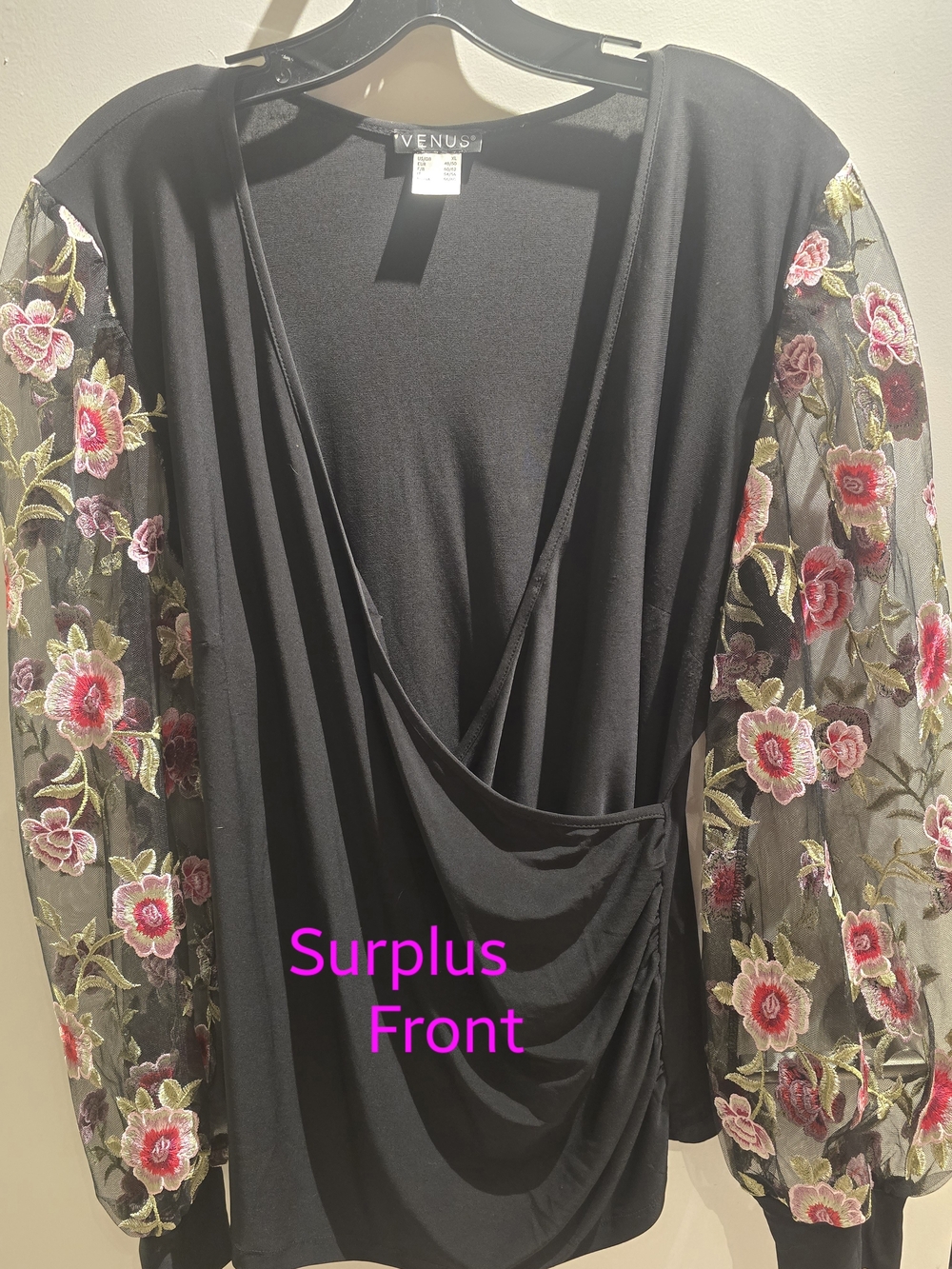 VENUS Black Wrap Front Top with Floral Mesh Sleeves